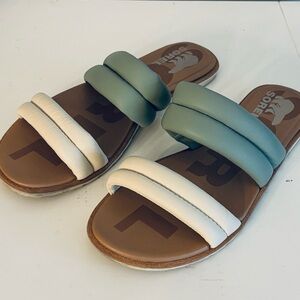 Sorel Women's Ella II Puff Slide Sandals in Sage Green + Off White, Size 9